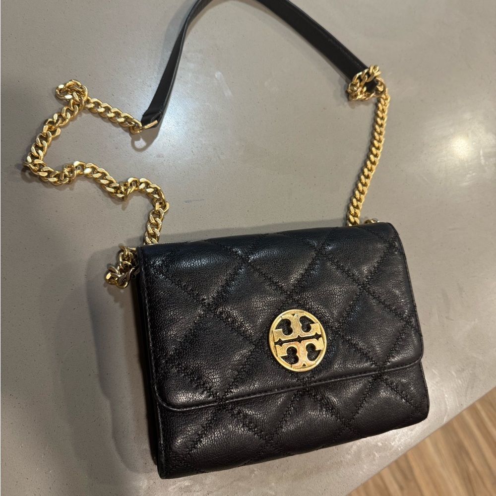Tory Burch Black Quilted Crossbody with Gold Accents